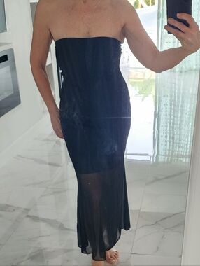 See You Monday Strapless Black Maxi Dress with Sheer Hem